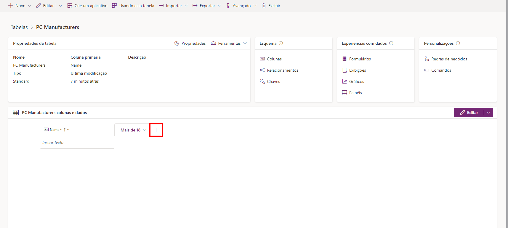 Captura de tela da tela Tabelas com o botão de adição realçado ao lado do painel de colunas e dados.