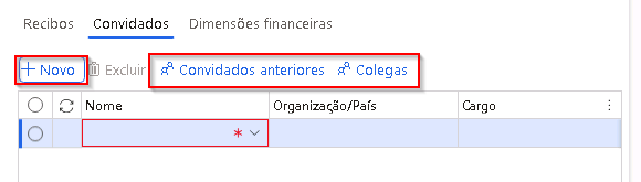 Captura de tela da página Convidados com os botões Novo, Convidados anteriores e Colegas de trabalho realçados.