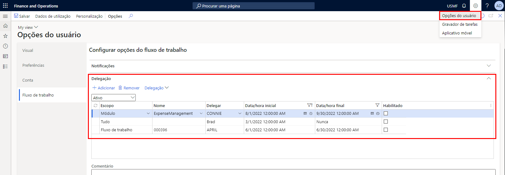 Captura de tela da página Opções do usuário e da FastTab Configurar opções do fluxo de trabalho.