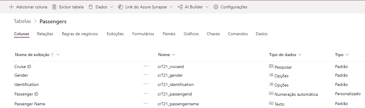 Captura de tela da tabela Passageiro após as colunas inseridas.