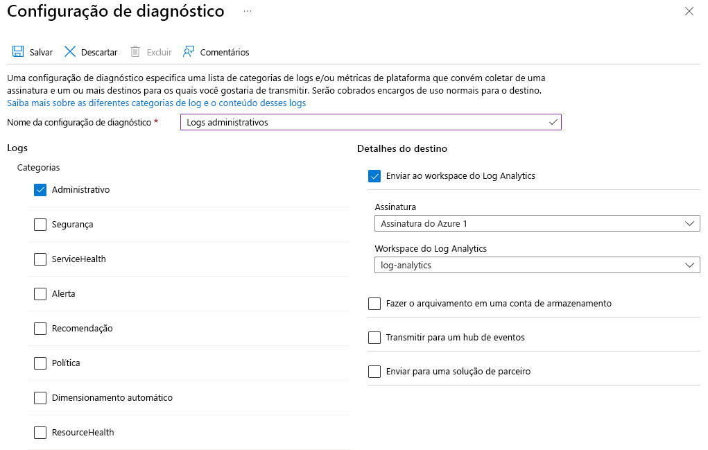 Captura de tela que mostra o painel de criação de configurações de diagnóstico e as opções selecionadas.