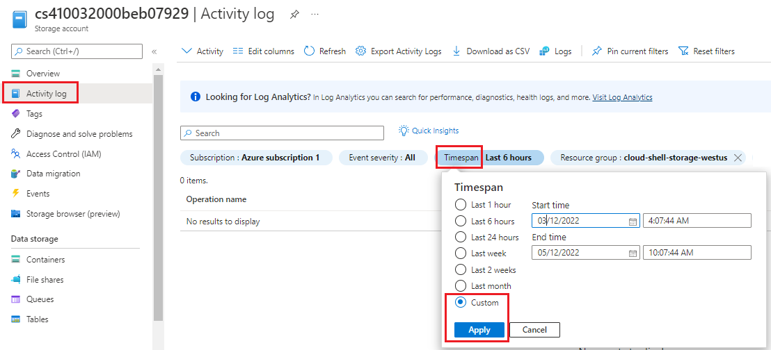 Captura de tela que mostra a configuração de TimeSpan da conta de armazenamento.