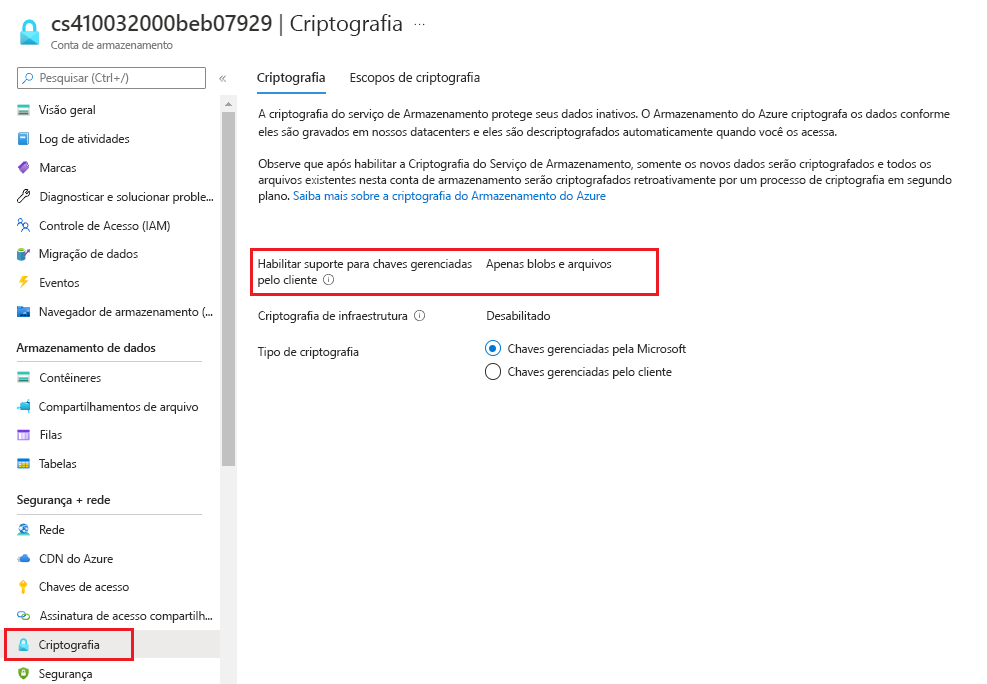 Captura de tela que mostra a criptografia de armazenamento seguro habilitada automaticamente.