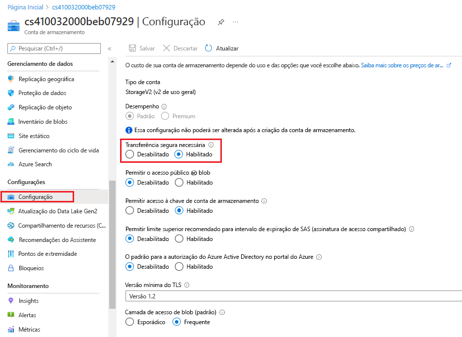 Captura de tela que mostra a configuração de armazenamento de transferência segura no portal do Azure.
