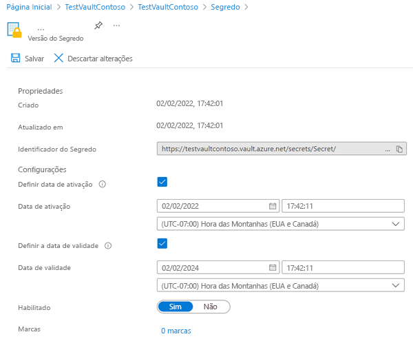 Captura de tela que mostra como definir uma data de expiração em um segredo do cofre de chaves.