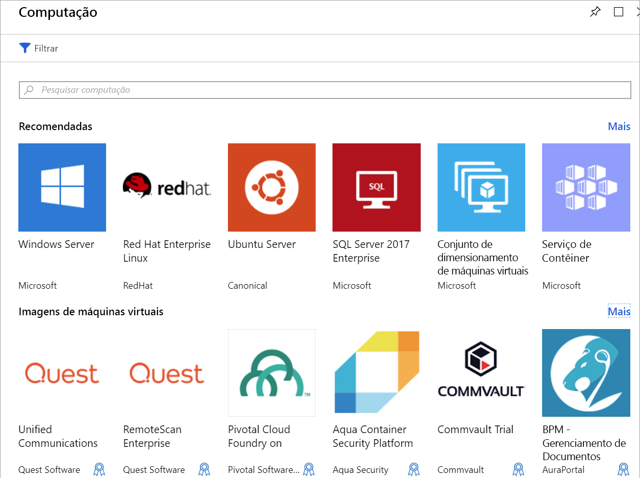 Captura de tela mostrando a lista de Máquinas Virtuais do Azure Marketplace.