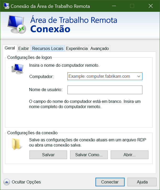 Captura de tela da interface do usuário do cliente do protocolo RDP.