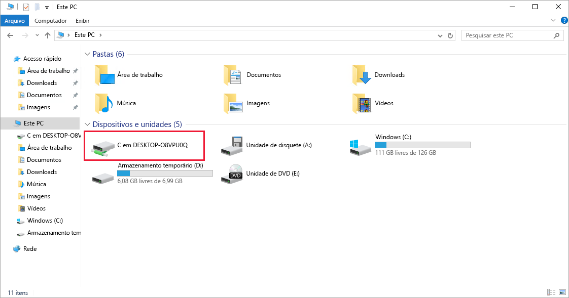 Captura de tela mostrando a unidade local compartilhada com a VM do Azure.