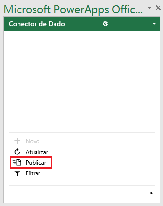 Captura de tela da caixa de diálogo Conector de Dados do Power Apps com um retângulo ao redor de Publicar.