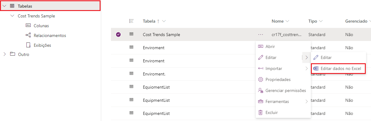 Captura de tela da caixa de diálogo Tabelas do Power Apps com um retângulo ao redor de Tabelas e Editar dados no Excel.