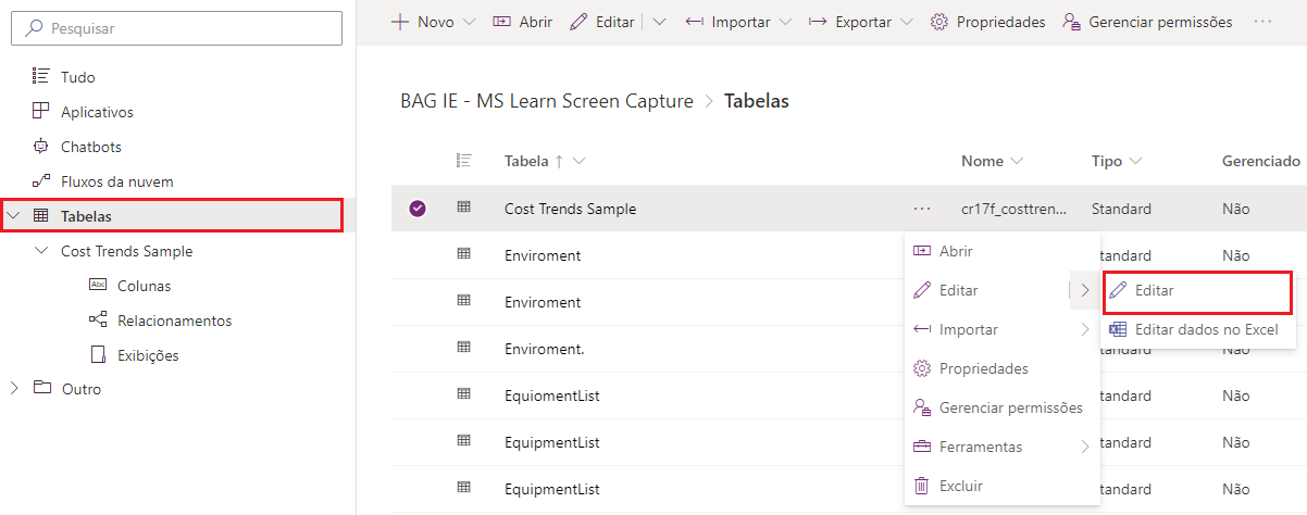 Captura de tela da caixa de diálogo Tabelas do Power Apps com um retângulo ao redor de Tabelas e Editar Dados.