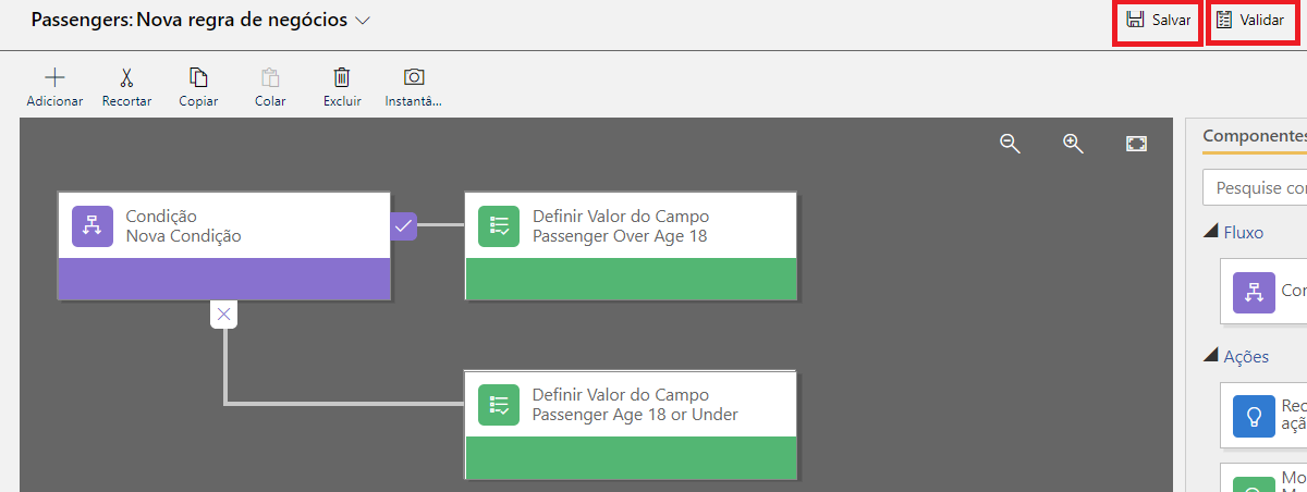 Captura de tela dos botões Validar e Salvar Regra.