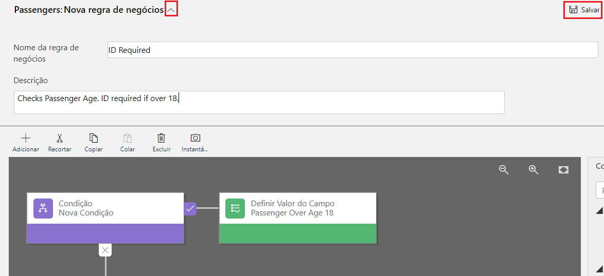 Captura de tela da seta ao lado de Passageiros: Nova regra de negócios e botão Salvar regra.