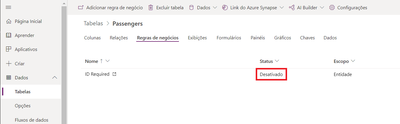Captura de tela da regra de negócios com o status Desativada.
