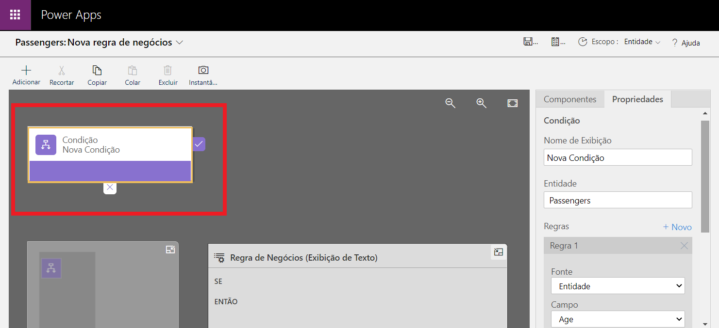 Captura de tela de condição selecionada na área de design principal.