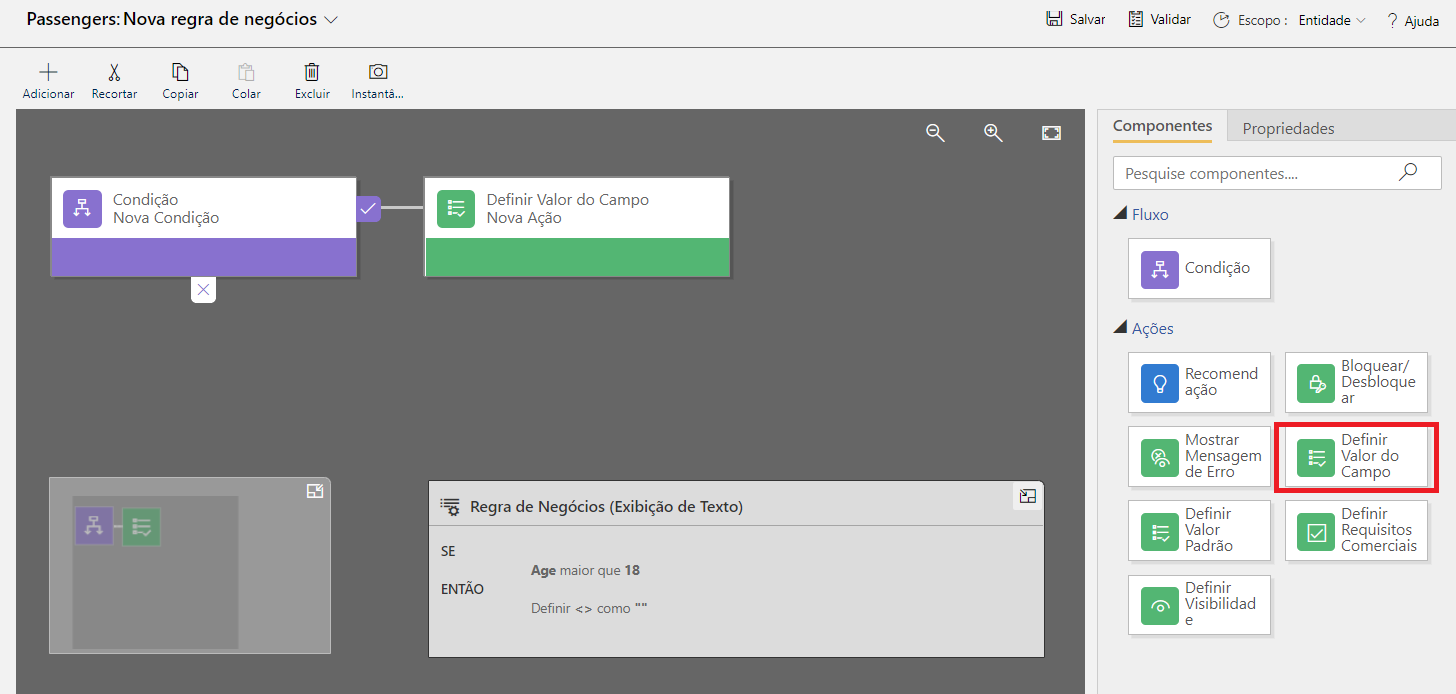 Captura de tela da guia Componentes com a ação Definir valor do campo.