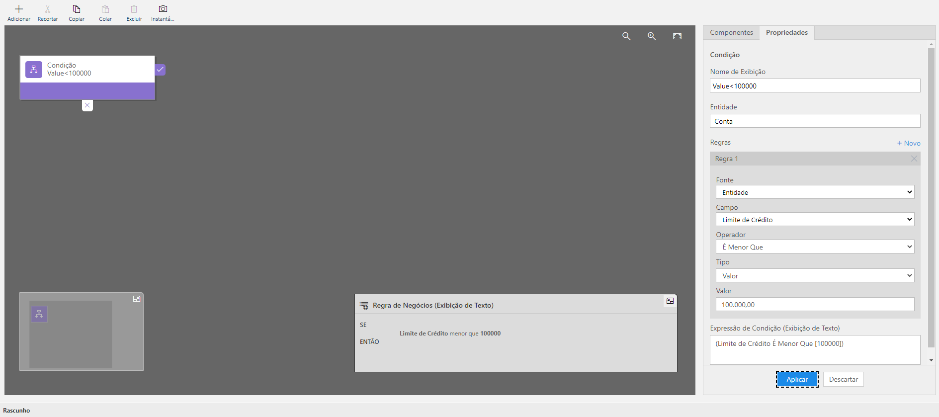 Captura de tela da ação de condição selecionada, revelando o painel de propriedades à direita.