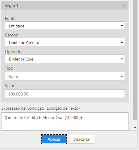 Captura de tela da configuração da regra para a condição.