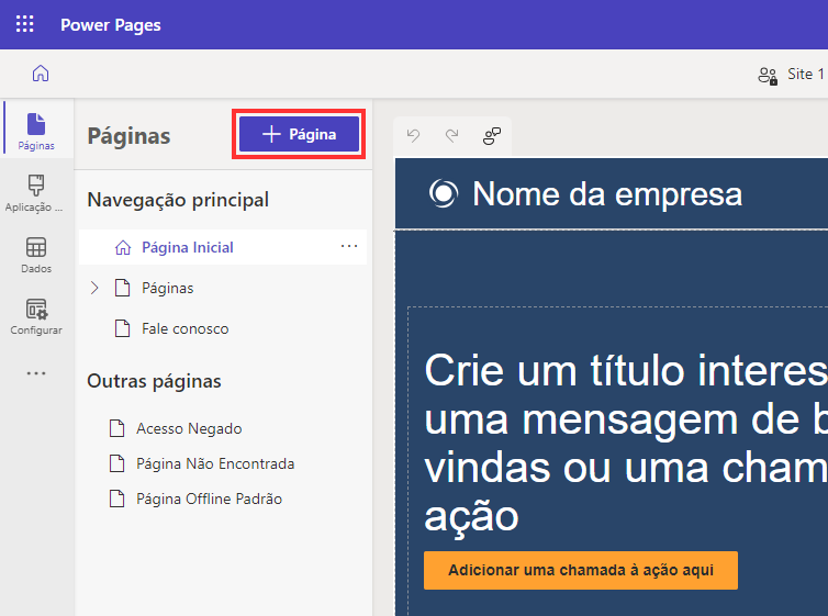 Captura de tela do botão que permite ao usuário adicionar uma nova página no Estúdio de Design.