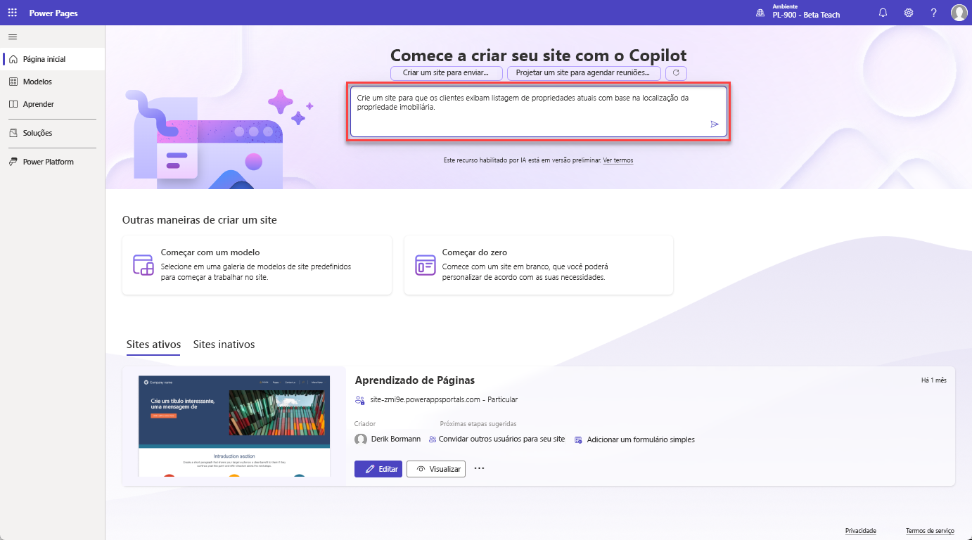 Captura de tela que mostra como fazer com que o Copilot crie um site do Power Pages para você, fornecendo uma descrição do site que você deseja criar.