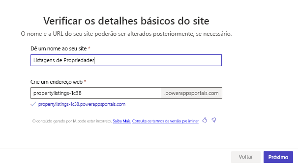 Captura de tela mostrando o nome do site gerado e a URL fornecido pelo Copilot durante o processo de design.