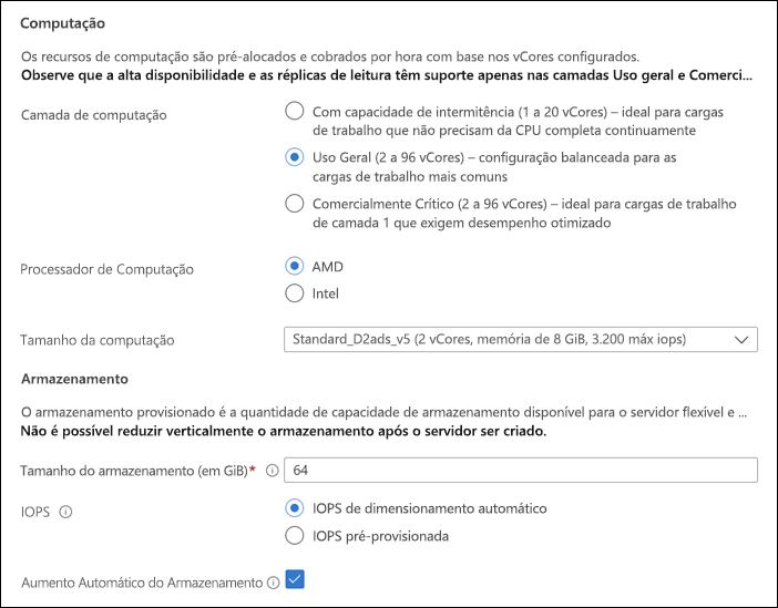 Captura de tela das seções de Computação e Armazenamento da página de implantação do Servidor Flexível do portal de Computação + Armazenamento do Azure.