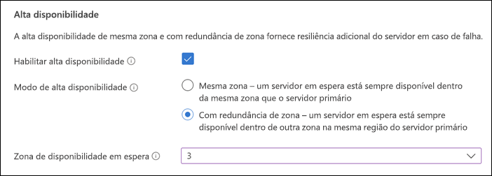 Captura de tela da seção de Alta disponibilidade da página de implantação do Servidor Flexível do portal do Azure Básico.