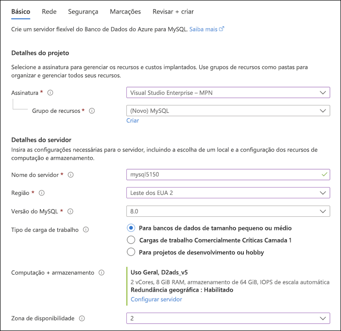 Captura de tela das seções de detalhes do Projeto e do Servidor da página de implantação do Servidor Flexível do portal do Azure Básico.