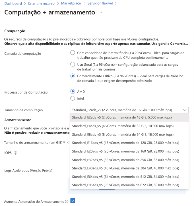 Captura de tela da seção Computação da página Computação + Armazenamento exibindo as opções de tamanhos de computação da camada de computação com otimização de memória.