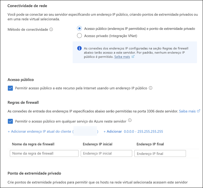 Captura de tela da guia Rede exibindo as configurações de rede para um novo servidor do Banco de Dados do Azure para MySQL.