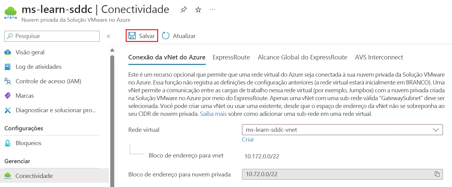 A captura de tela exibe onde selecionar a rede virtual na Conexão de vNet do Azure e como salvar a configuração.