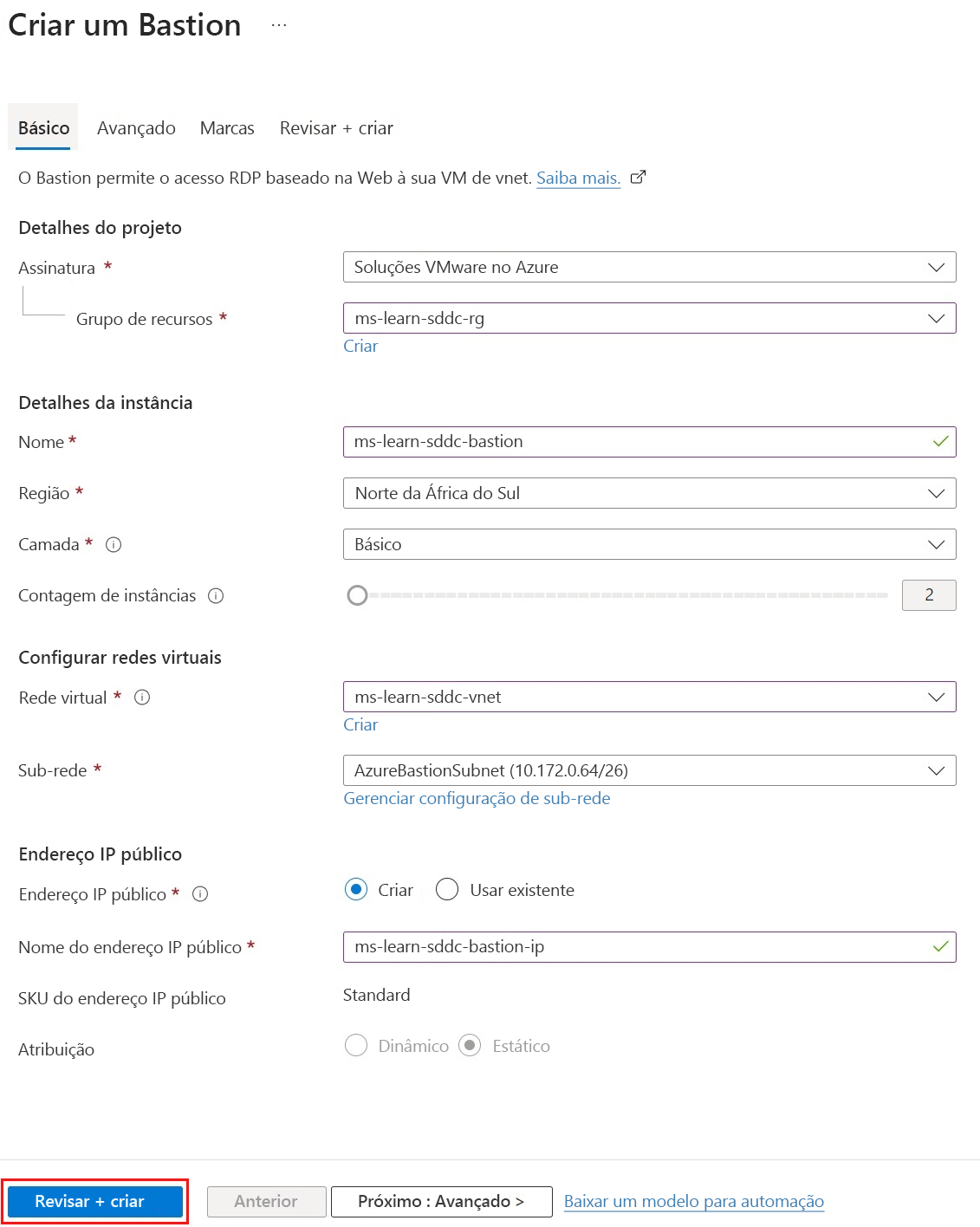 Captura de tela do portal do Azure mostrando como criar um host do Azure Bastion, com campos contendo valores de exemplo.