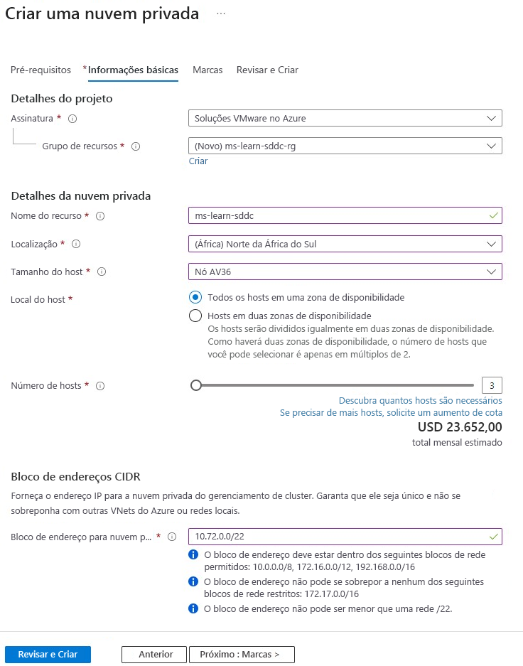 Captura de tela do portal do Azure mostrando como criar uma nuvem privada da Solução VMware no Azure com todos os campos obrigatórios para implantação.