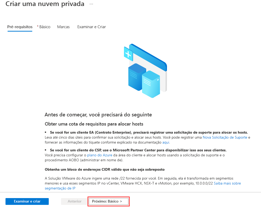 Captura de tela mostrando o painel de pré-requisitos antes de criar o ambiente de nuvem privada da Solução VMware no Azure.