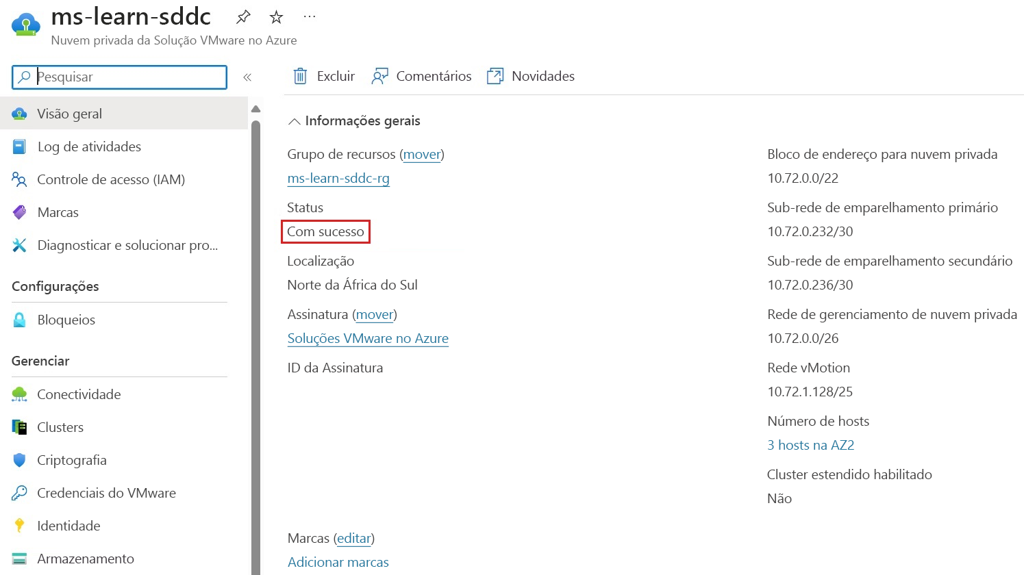 A captura de tela mostra a implantação da nuvem privada concluída com êxito.