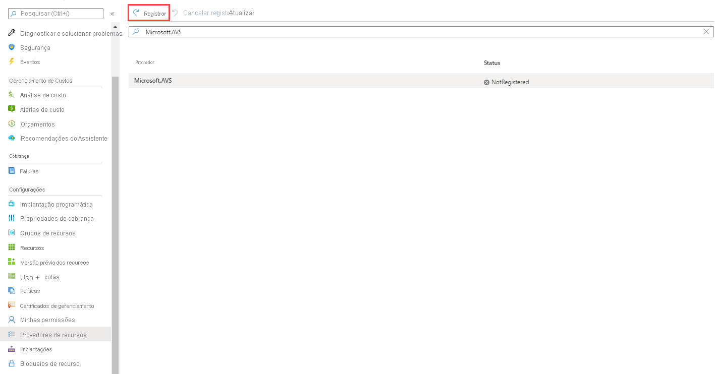 Captura de tela que mostra o botão Registrar na parte superior da página Assinatura > Provedores de recursos no portal do Azure.
