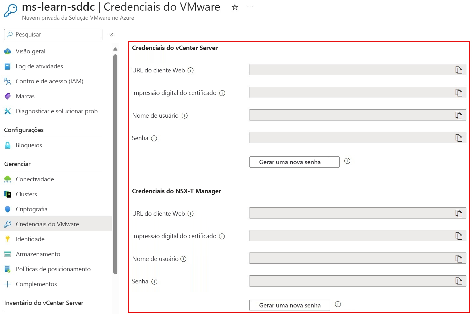 Captura de tela da página do portal do Azure, mostrando onde as credenciais de logon são exibidas após a implantação da Solução VMware no Azure.