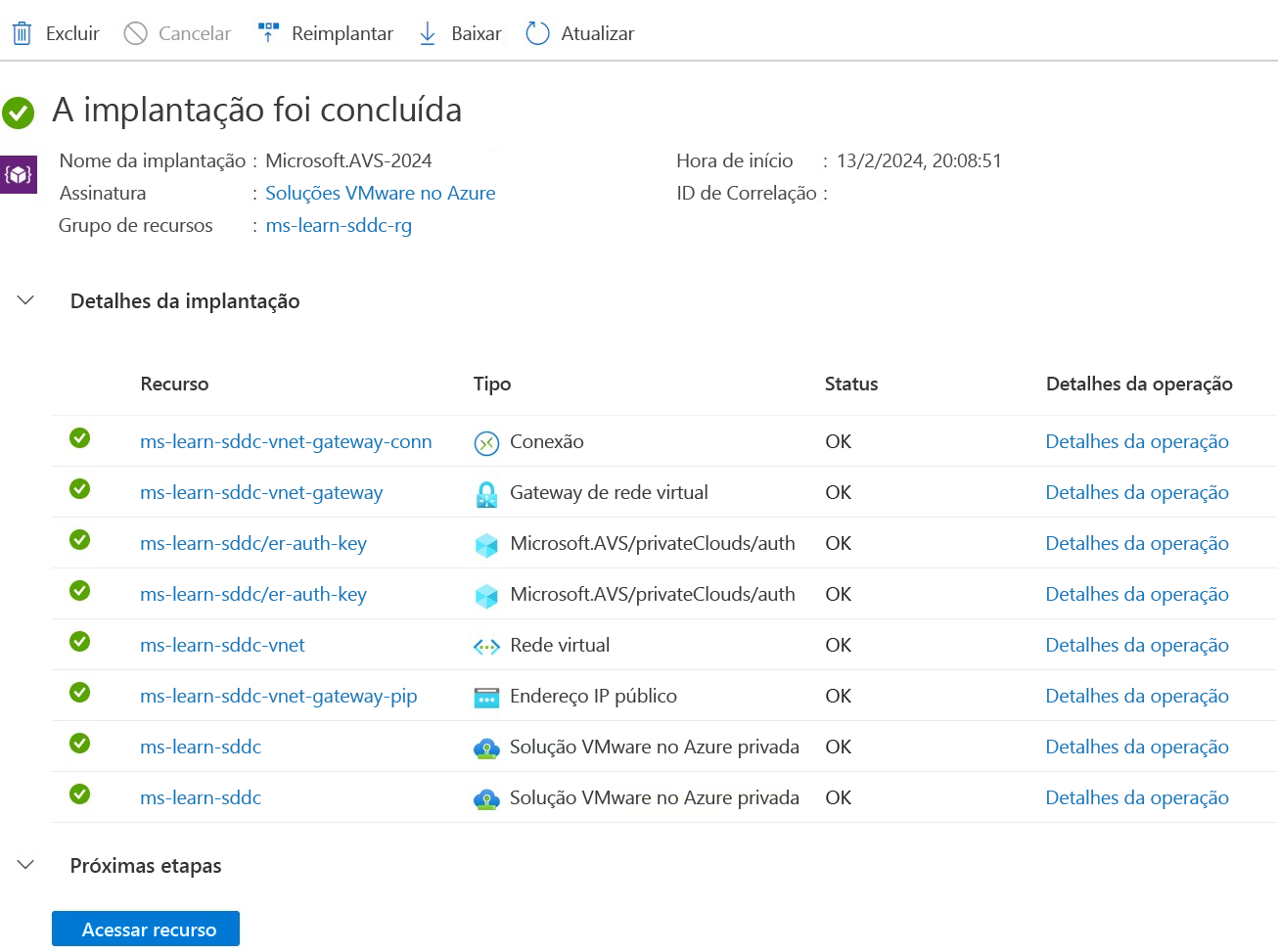 Captura de tela da página de implantação concluída.