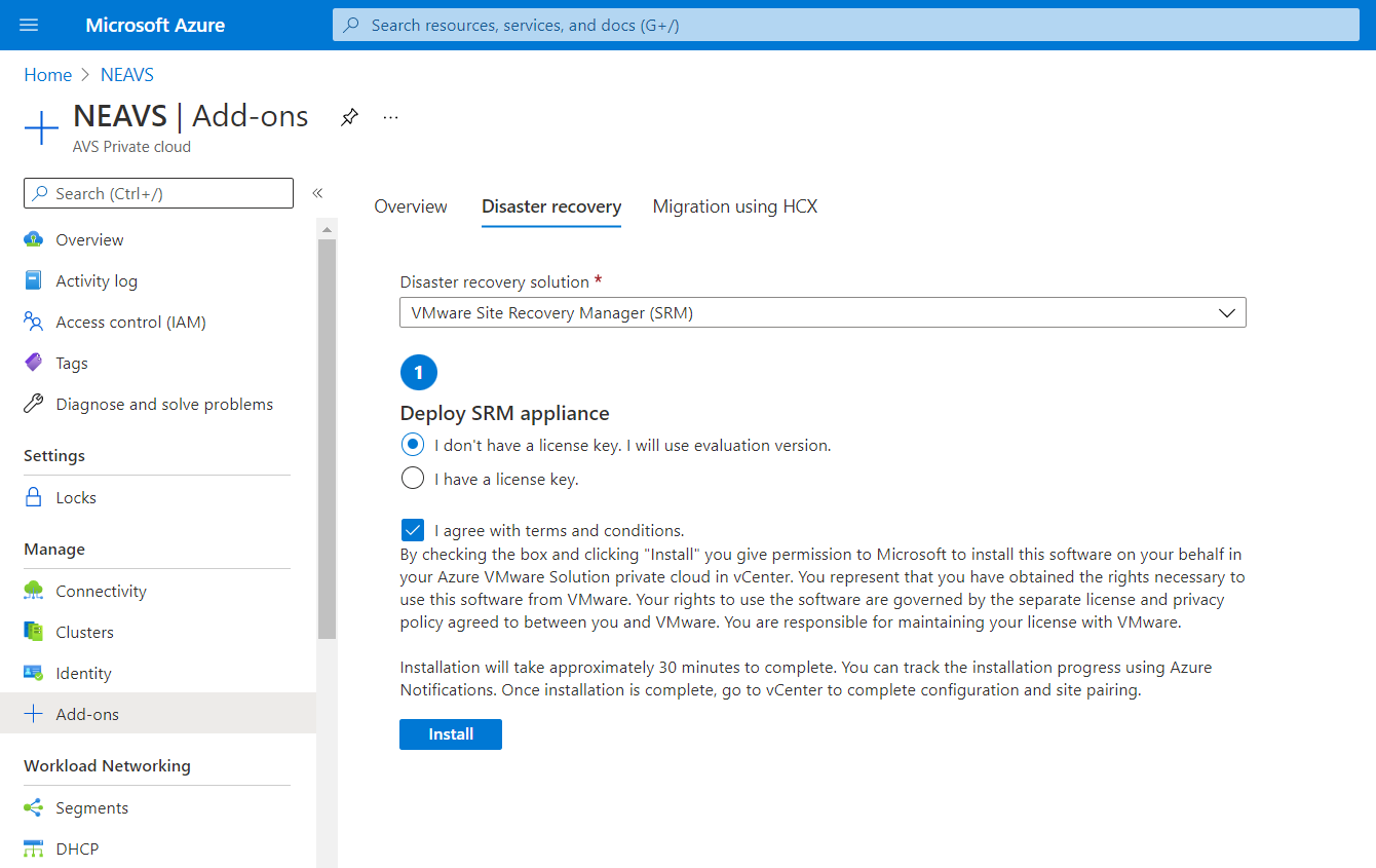 Captura de tela da guia Recuperação de desastre na Solução VMware no Azure.