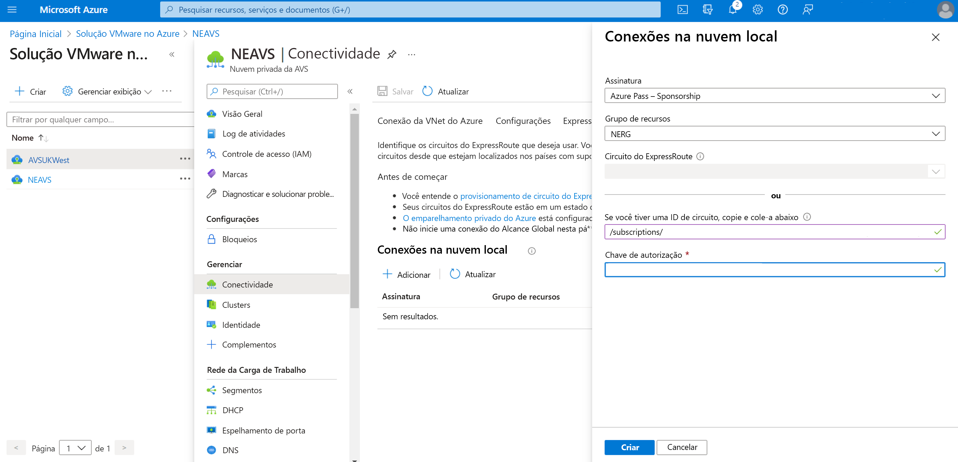 Captura de tela da janela Conexões de nuvem locais na Solução VMware no Azure.