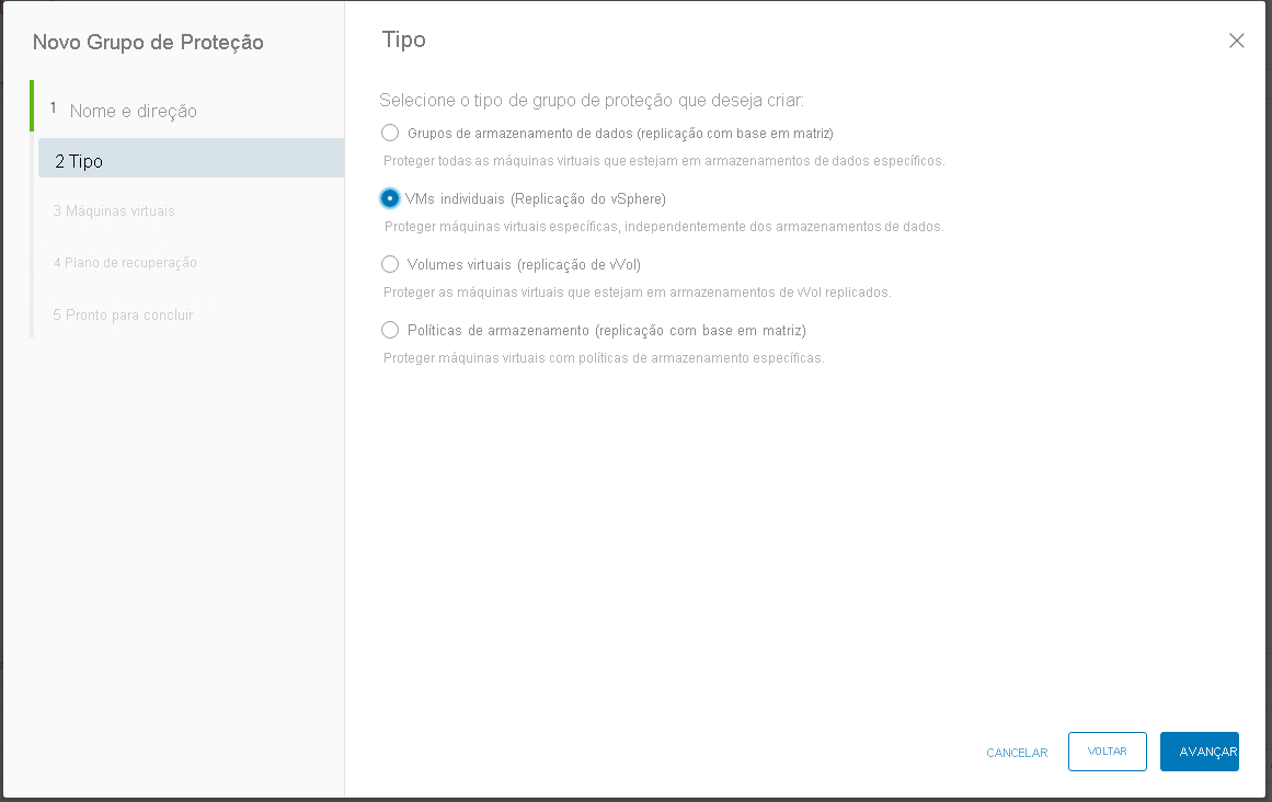 Screenshot of the Type window in Azure VMware Solution with the Individual VMs (vSphere replication) option selected.