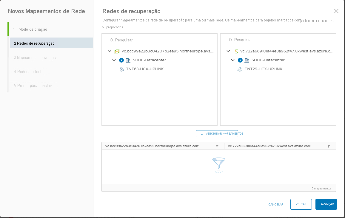 Screenshot of the Recovery networks window with relevant mappings set for objects between the protected site and the recovery site.