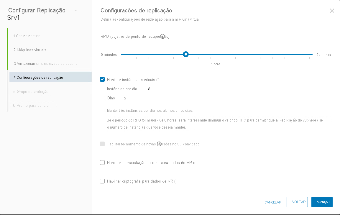 Screenshot of the Replication settings window in Azure VMware Solution, with the configured RPO settings.