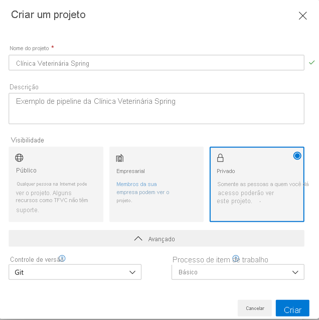 Captura de tela que mostra o novo formulário do projeto do Azure.