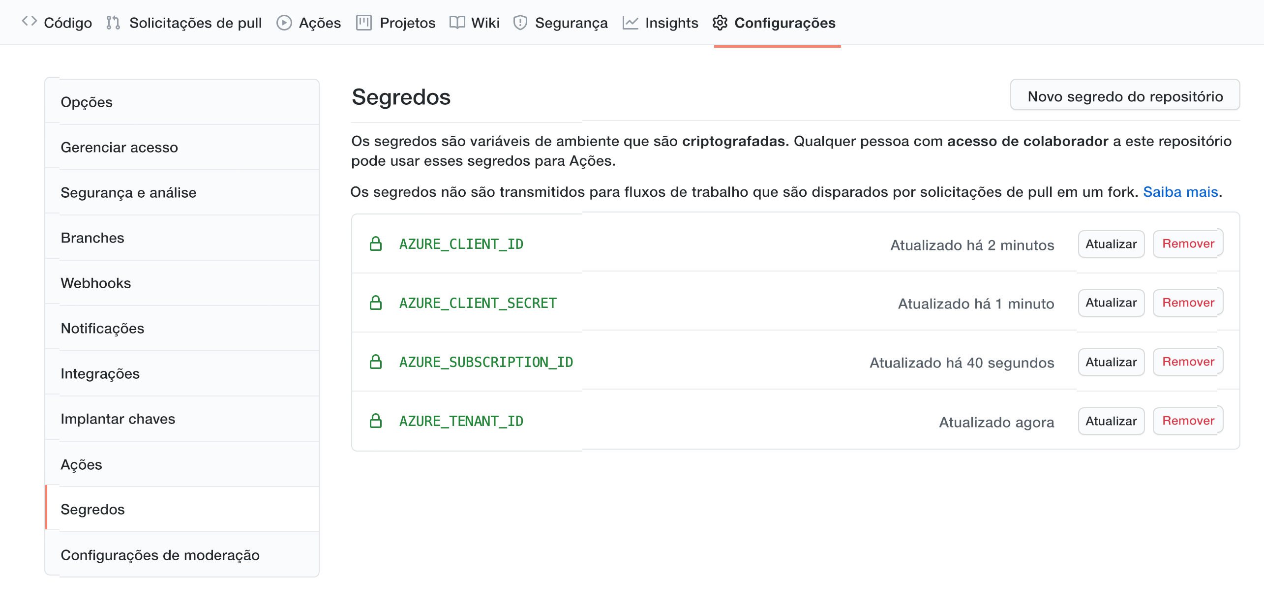 Captura de tela que mostra os segredos armazenados no painel Segredos em Configurações do GitHub.