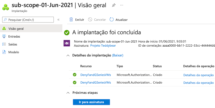 Captura de tela do painel de visão geral do portal do Azure da implantação selecionada.