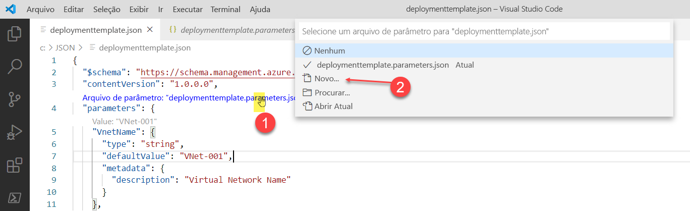 Captura de tela que mostra as seleções para criar um arquivo de parâmetros no Visual Studio Code.