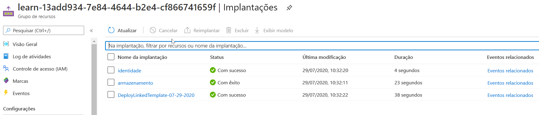 Interface do portal do Azure para a implantação específica sem recursos listados.