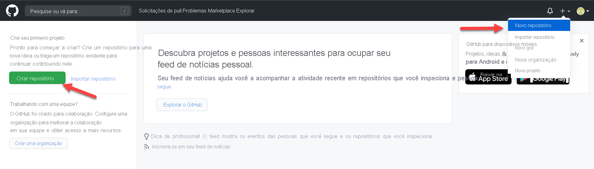 Captura de tela que mostra as seleções para criar um repositório do GitHub.