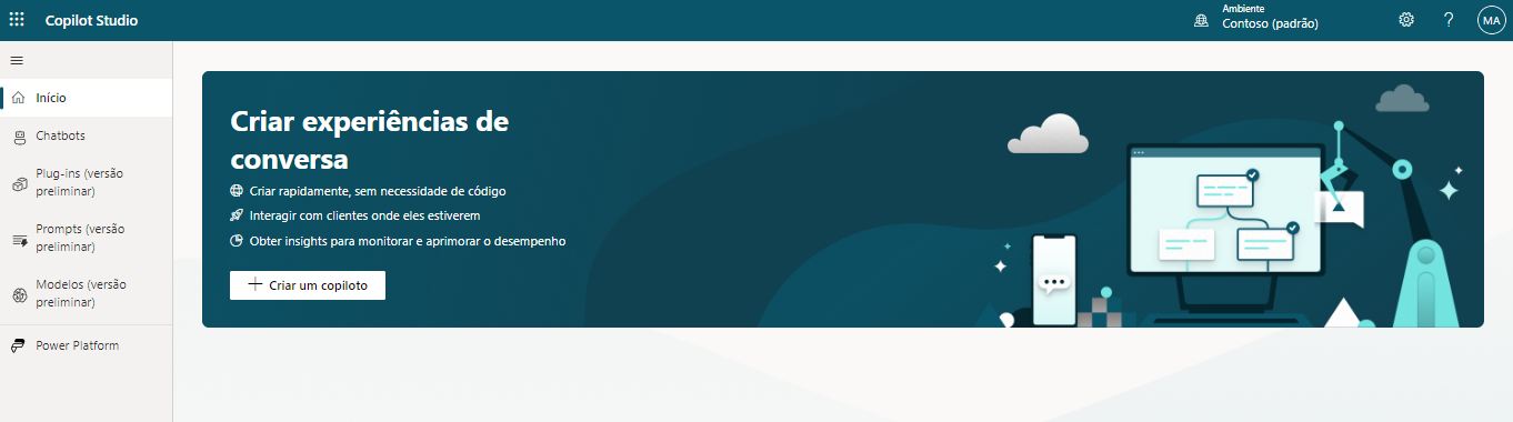 Uma captura de tela que mostra a tela inicial do Copilot Studio.